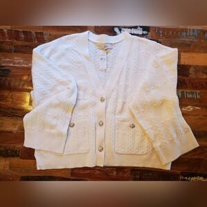 LOFT Cream Cable Knit Button Front Cardigan
